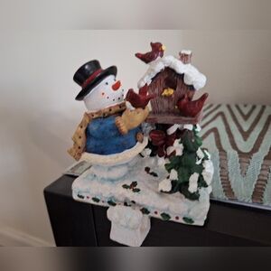 Snowman Holding Stocking with Cardinals and Birdhouse Christmas Figurine
